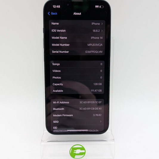 Apple iPhone 14 128GB Unlocked 18.6.2 Midnight MPUD3VC/A